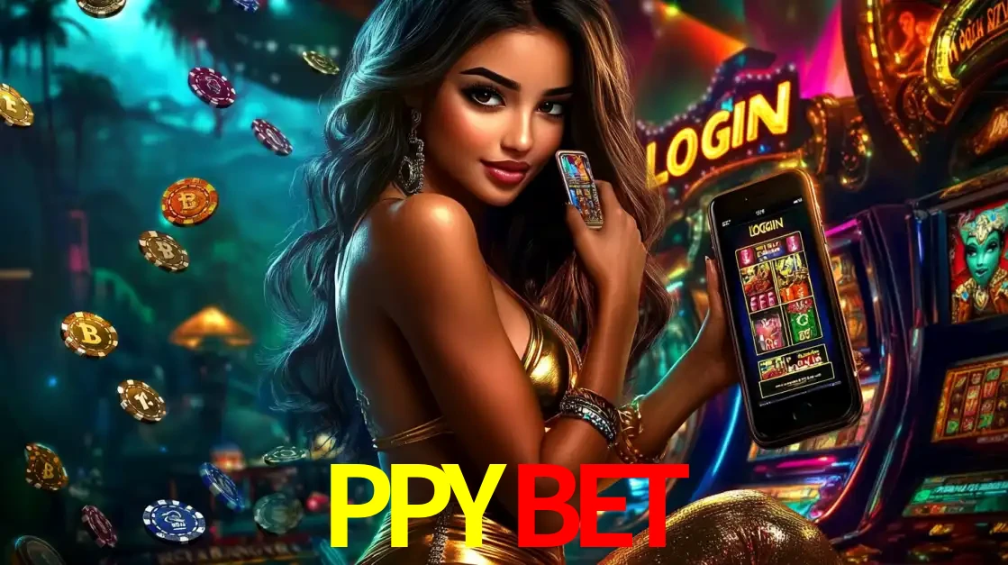 Mulher em um cenário de cassino temático de aventura, mostrando o app de caça-níqueis da PPYBET no celular. Fichas de apostas flutuam ao redor.