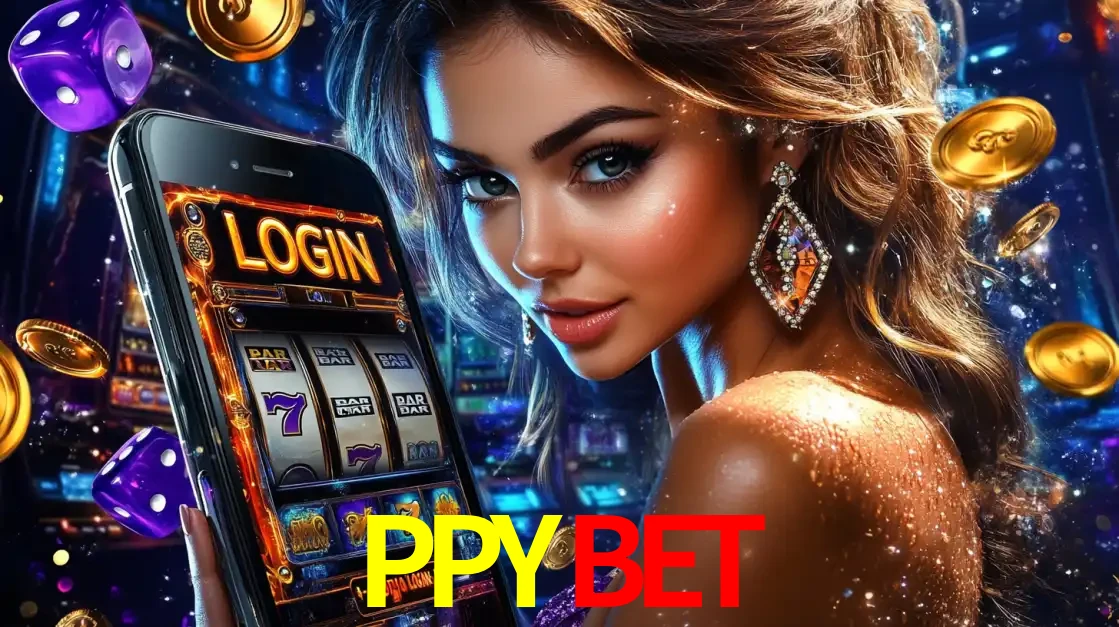 Mulher glamorosa segurando um smartphone com a tela de login para os jogos de caça-níqueis do cassino online PPYBET, com moedas de ouro e dados ao redor.