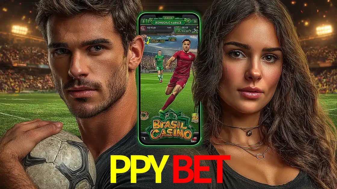 Homem segurando uma bola de futebol e uma mulher ao lado de um smartphone exibindo o jogo de apostas esportivas da PPYBET. Faça seu palpite no cassino online.